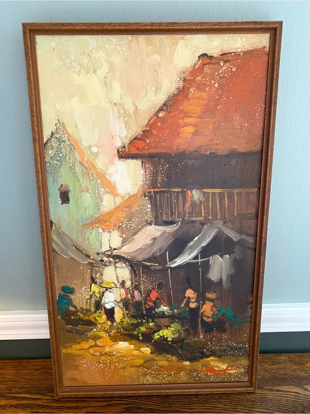 Vintage MCM Wood Framed Painting Signed Colorful Village Market Scene 1960s